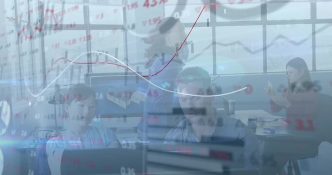 Animated financial graphs appearing, two colleagues working at monitor visualizing market trends