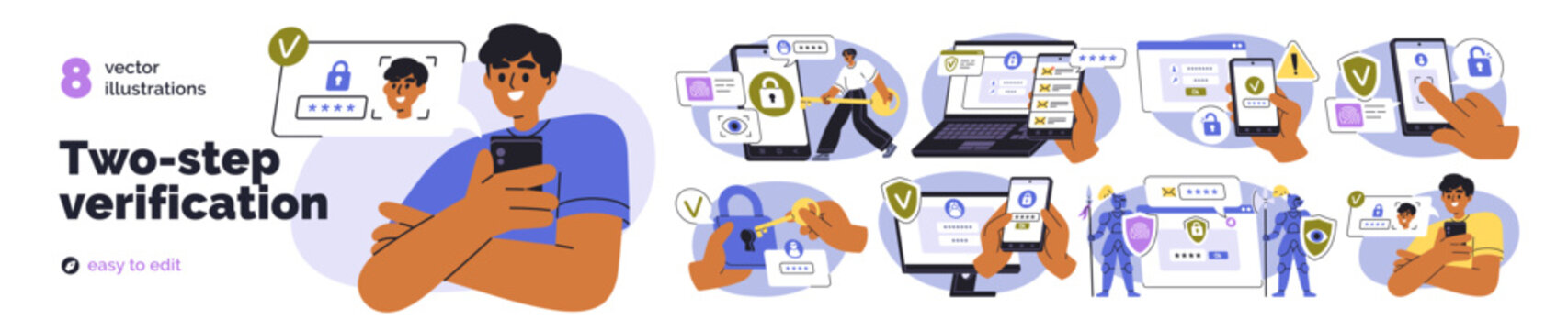Two-step verification, safe 2-factor authentification for user account security. Secure login, access to ID with password, double check. Flat vector illustrations isolated on white background