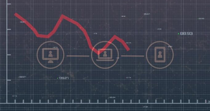 Red trace starting from left segment moving across grid, crossing devices and showing tech metrics