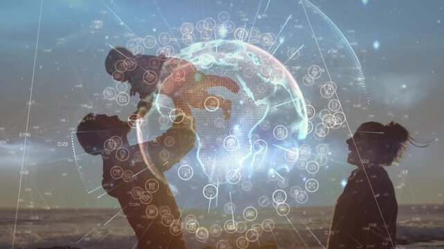 Father lifting infant higher, mother reaching, bonding play at sunset shoreline tech globe pulsing