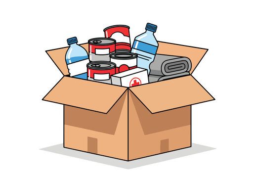 Cartoon illustration of open cardboard box with food and water supplies inside for donation