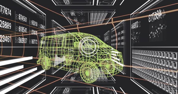 Framing neon-green wireframe van moving through virtual data corridor, with HUD and sliding panels