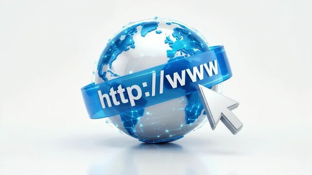 Global Web 3D World with Internet Ribbon  Cursor on White.