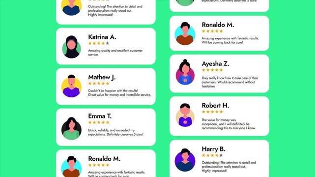 Vertical Scrolling Customer Reviews and Star Ratings List Animation, Multiple Testimonial Feedback Cards for Business Reputation and Social Proof, 5 Star Ranking Visualization for Website.