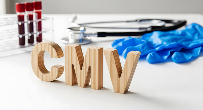 Wooden C M V letters with medical supplies on white table health science image