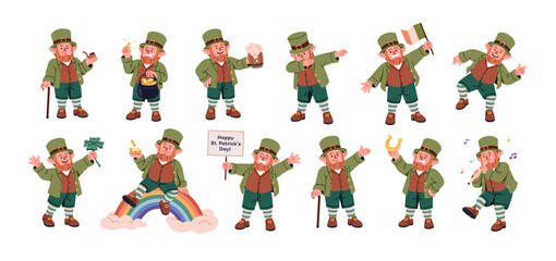 Fototapeta premium Funny leprechaun, St. Patrick day character. Happy elf, fairytale dwarf in hat with beer, shamrock, Ireland flag. Cute Irish holiday mascot set. Flat vector illustration isolated on white background