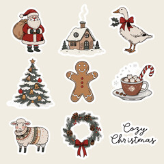 Fototapeta premium Cozy Christmas Sticker Set for Seasonal Marketing and Festive Branding, Hand-Drawn Winter Illustrations including Santa Claus, Gingerbread Man, and Holiday Wreath Graphic Bundle