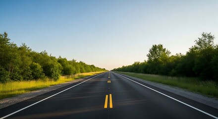 Empty asphalt highway stretches toward the distant horizon under blue.