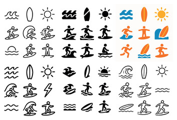 Obraz premium Surfing icons with surfer surfboard wave minimal outline