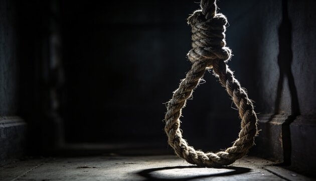 A close-up, dramatic shot of a thick rope noose hanging in a dark, moody environment with stark lighting creating ominous shadows on a rough wooden floor, evoking a sense of despair