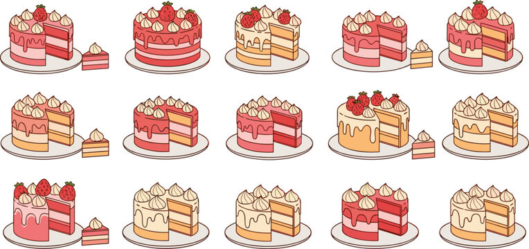 Strawberry and cream cake vector set with sliced cakes, layered desserts and bakery pastries on plates in flat cartoon style for menu and bakery design