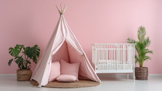 Pink teepee and crib in a bright room with plants interior decor concept