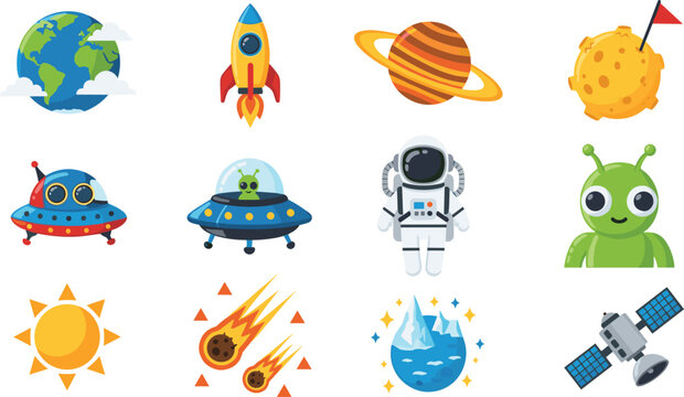 Space exploration vector icon set with planet earth, rocket, astronaut, UFO, alien, satellite, sun and meteor illustrations in colorful flat cartoon style
