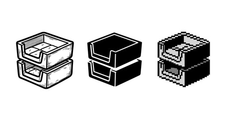 Isometric desk organizers: outline vs. solid vs. pixel art styles