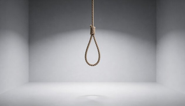 A macabre noose fashioned from rough rope hangs centrally in a stark, empty room, illuminated by dramatic spotlights creating a somber and oppressive mood