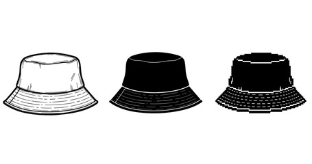 Three variations of bucket hat design: outlined, solid, pixelated