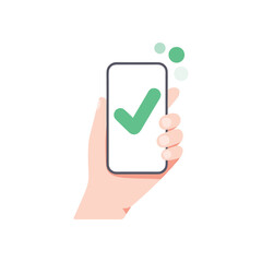 Hand holding smartphone with green check mark confirming success isolated on white