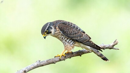 Fototapeta premium Amur Falcon Perched on Branch Looking Down in Natural Habitat