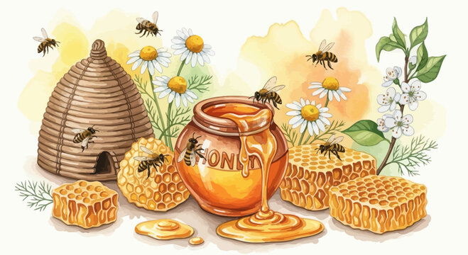 Watercolor illustration of honey pot beehive honeycomb and bees in garden