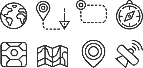 Set of eight navigation and location icons including earth globe, map markers, dotted path, compass, and satellite, ideal for travel, gps, and geographic concepts on transparent background © Mohammod Foysal SSF.
