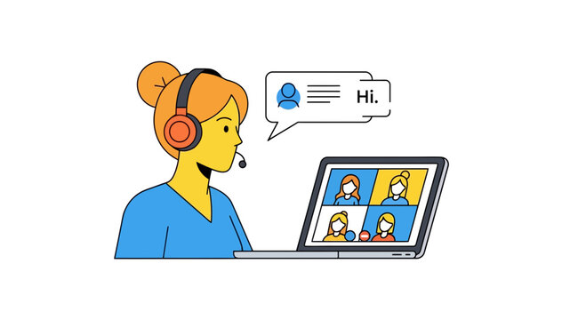 A cheerful woman wearing a headset having a video conference on her laptop, digital communication, modern technology, remote meeting, online interaction, cartoon style, business casual, frie