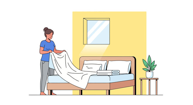 A woman making her bed in a minimalist bedroom with a modern aesthetic and a plant on a bedside table in a simple line art style with flat colors and bold lines.