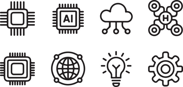 Set of technology icons featuring artificial intelligence processors cloud storage global network interconnected nodes lightbulb symbol and gears representing digital advancement and smart systems