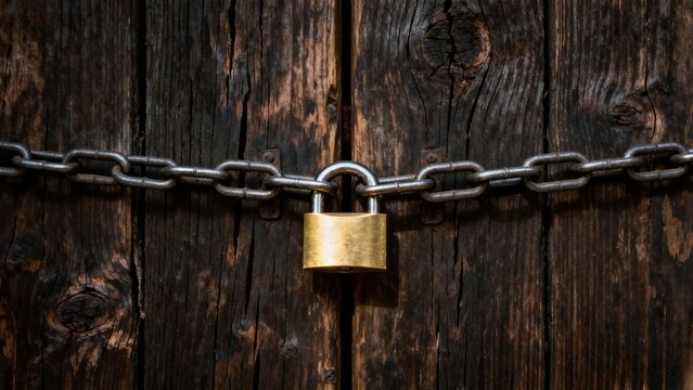 Brass Padlock and Chain Securing Weathered Wooden Door