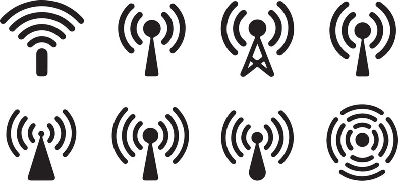 Set of eight abstract black wifi and antenna tower icons with radiating signal waves on transparent background, symbolizing wireless communication and network technology for digital devices