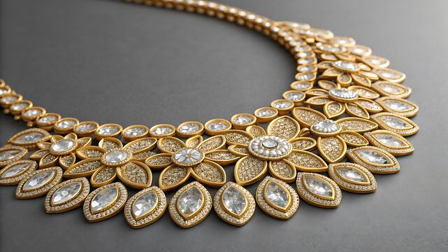 Intricate gold necklace with diamonds and gemstones