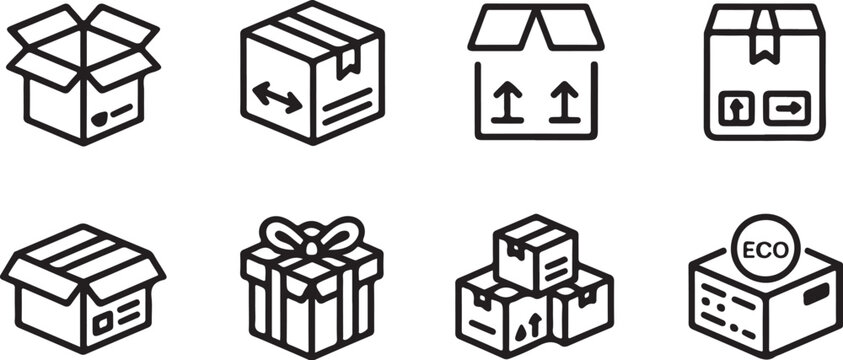 Cardboard box packaging icons set featuring delivery parcels shipping containers gift boxes eco friendly wrapping and stacked storage cartons for logistics e-commerce and retail supply chain business