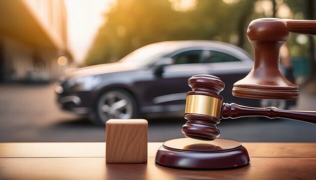 judge s gavel striking sound block with blurry car in background symbolizing vehicle auction or confiscation