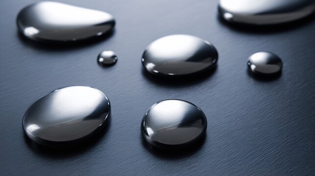 globules. Silver mercury droplets on dark surface, reflective minimalist still life. STEM education sheets, lab safety posters, designed for biotech research communications.