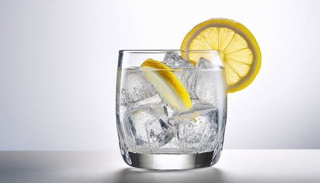 photorealistic glass of gin tonic with ice cubes and lemon slice refreshing drink white background