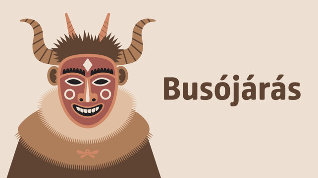 A colorful illustration of a traditional Bus&oacute;j&aacute;r&aacute;s mask with horns and fur, representing a cultural heritage.