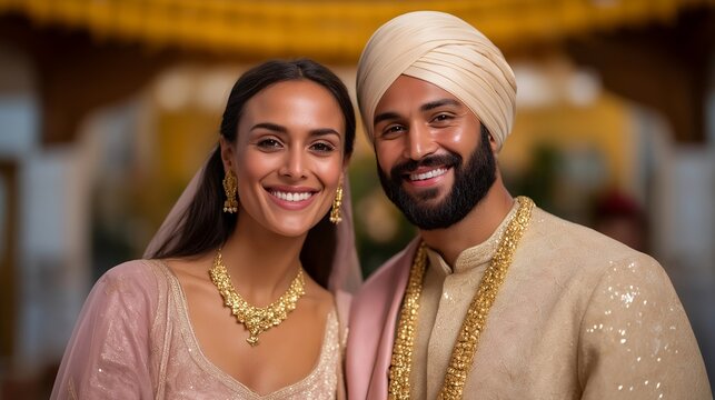 Sikh wedding ceremony shows couple circling Guru Granth Sahib holy book four times, pink and gold wedding attire, family throws flower petals, gurdwara interior with ceremonial canopy creates