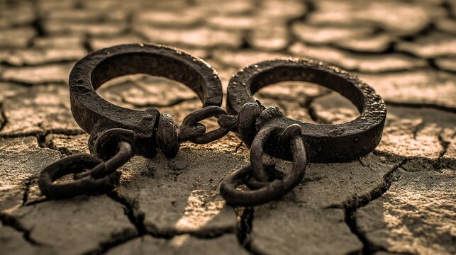 sidelight. Heavy iron manacles with a severed chain on cracked earth. STEM education sheets, lab safety posters, designed for STEM education and laboratory safety posters, used by food bloggers.
