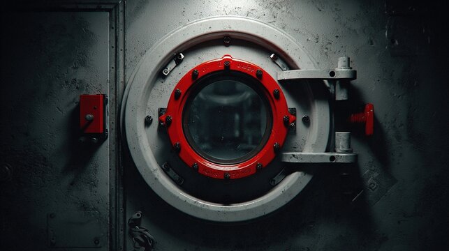 airlock. Circular spaceship airlock door with red sealing valve and window. product launch decks, UI/UX mockups, designed for product launches and innovation pitches, used by operations managers.