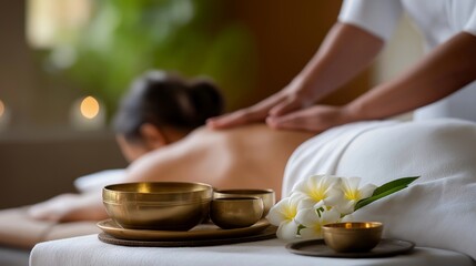 Massage therapist performing Ayurvedic abhyanga treatment with warm herbal oils in serene spa room, brass bowls and fresh jasmine flowers on tray, client draped in white linens, perfect for