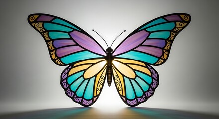 Obraz premium Colorful stained glass butterfly with intricate patterns and vibrant hues displayed against a neutral background