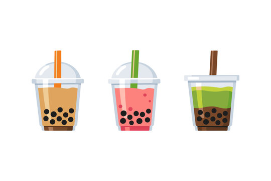 Three colorful bubble tea drinks with tapioca pearls and straws in clear plastic cups