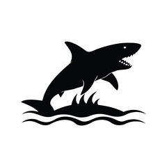 Obraz premium shark breaching water silhouette vector illustration, Ferocious shark swimming in ocean water silhouette vector illustration