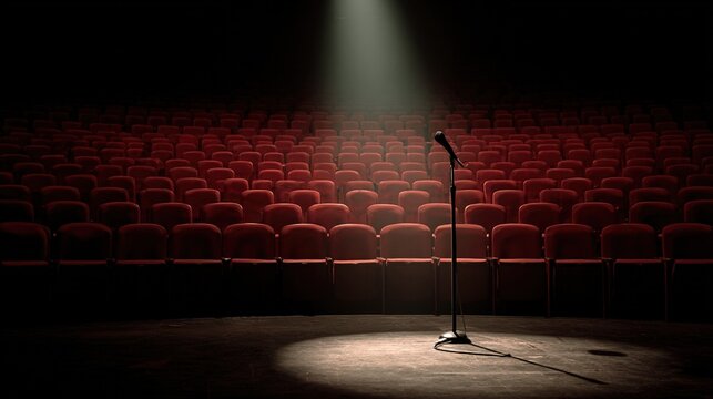 receding. An empty auditorium stage with a solitary microphone under a spotlight. event programs, museum guides, designed for cultural heritage projects and event programs, supports education.