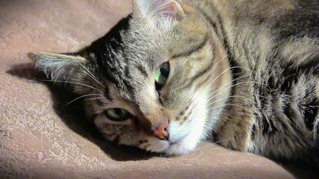 Close-up of a gray and white striped domestic cat sleeping and then waking up after hearing a sound. Cute pet resting and reacting, detailed view of cat face and whiskers, cozy home atmosphere