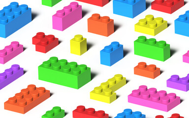 Fototapeta premium Seamless background made with realistic multicolor plastik constructor blocks on transparent background. Play and build concept. 3D rendered vector illustration