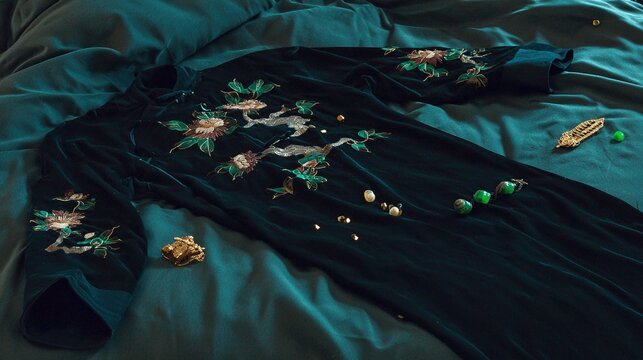 reconsidering. An intricately embroidered silk robe laid flat on a dark sandalwood bed with gold and jade accessories nearby. event programs.