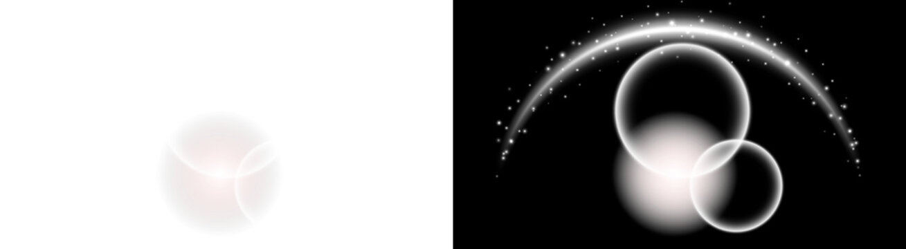 PNG image of Abstract white light effect illustration with glowing circles and sparkling arc on black and white backgrounds, ideal for modern design isolated on Transparent Background