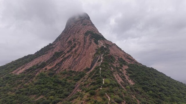 Aerial View of Kondarangi Hills with Rocky Peak and Clouds in Dindigul Tamil Nadu