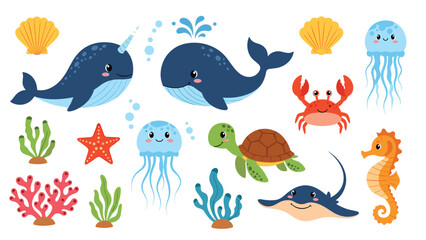 Fototapeta premium Collection of cute marine animals including a whale, narwhal, turtle, crab, and seahorse in a friendly cartoon style.