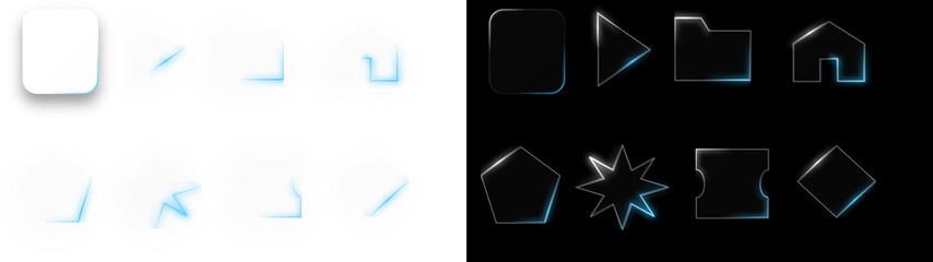 PNG image of Set of 16 abstract geometric outline icons vector illustration with light blue glow effect on white and black backgrounds for modern design isolated on Transparent Background
